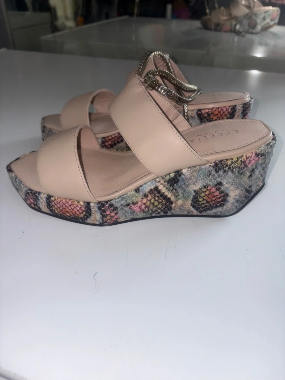 CECELIA NEW YORK Beige Platform Slide Sandals with Multicolor Patterned Wedge